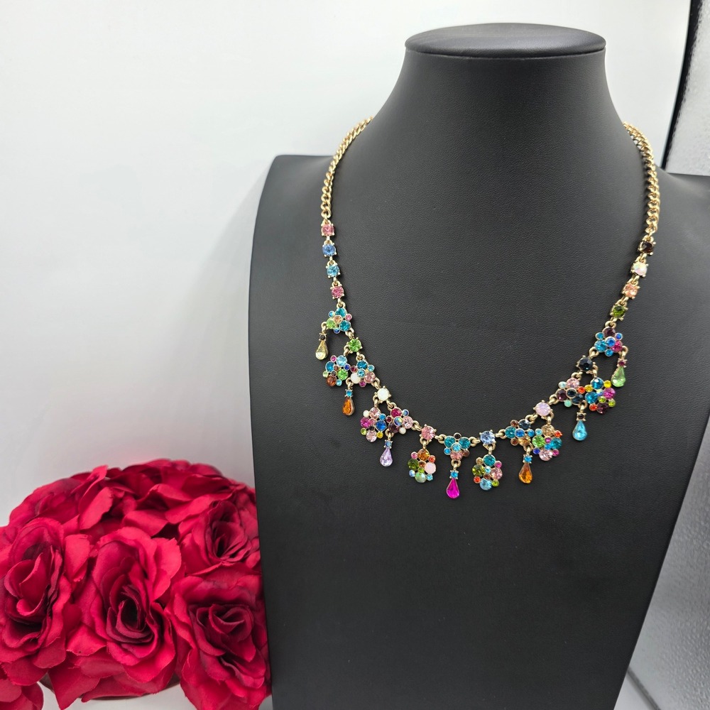 Multicolor Rhinestone Floral Bib Statement Necklace Gold Tone Adjustable 21in